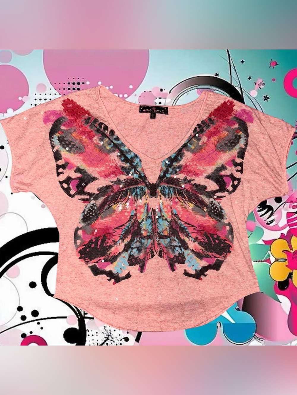 vintage y2k sequin butterfly tee - almost famous, sz md